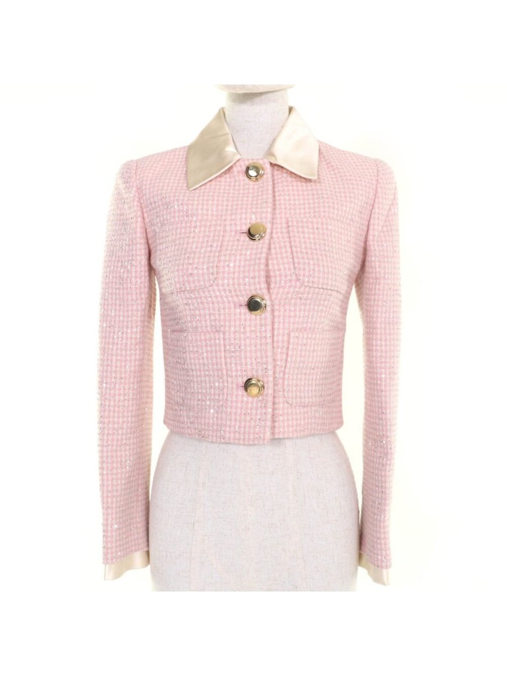 Miu Miu Cropped Length Sequin Decoration Tweed Jacket Pink 36